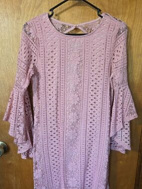 Altar'd State Blush Pink Crochet Bell-Sleeve Midi Dress